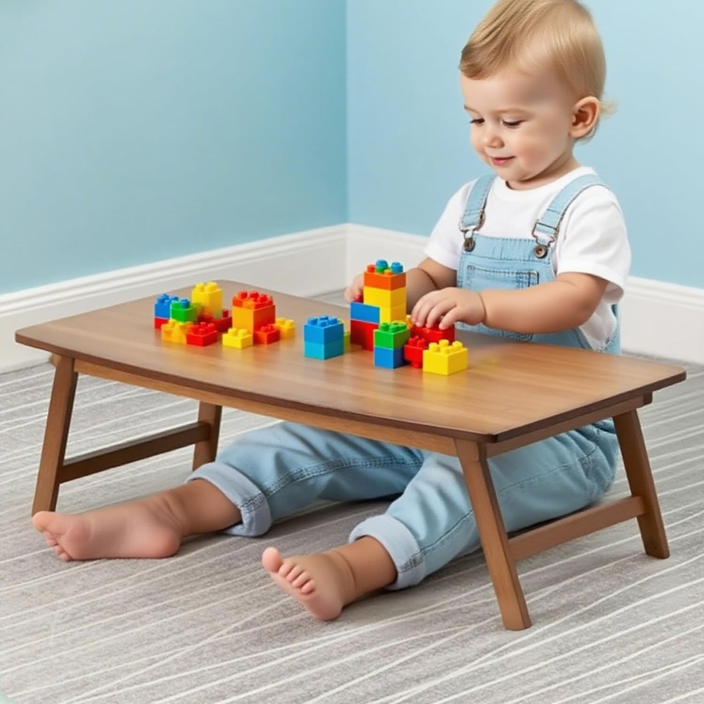 QHENS Foldable Low Table, Made of Bamboo Wood, Environmentally Friendly Material, No Smell, Small Camping Side Table Outdoor, 2.8kg, 57 x 34.3 x 22.3cm
