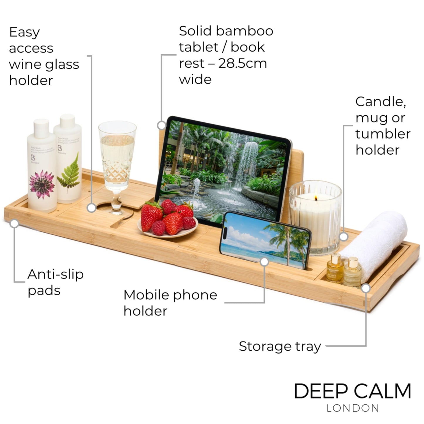 Deep Calm Bathtub Tray - Adjustable Bamboo Bathtub Caddy - Non-Slip Bathtub Shelf Fits Most Tubs - Holds Book, iPad, Phone, Glass, Candle (Natural)