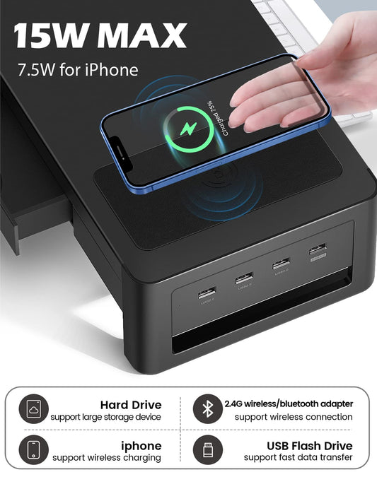 Meantty 3-in-1 Dual Monitor Riser with 2 drawers, wireless charging pad & 4 USB ports - metal screen stand for computer, laptop & accessories, supports charging & data transfer.