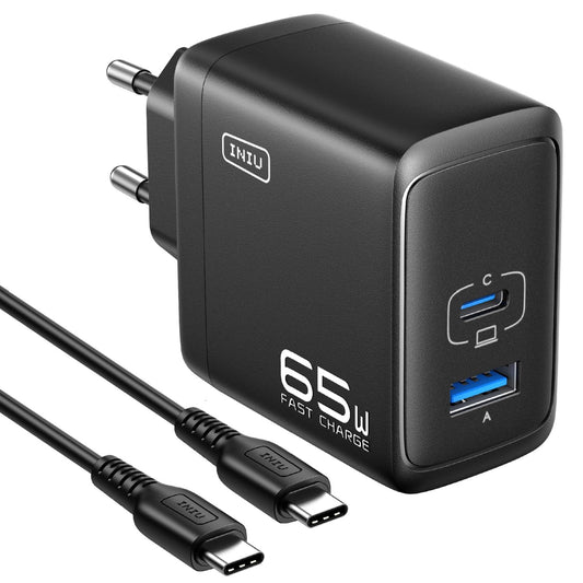 INIU 65W USB C Charger, GaN Ⅱ 2-Port USB C-USB A Wall Adapter GaN II Tech Fast Charger, Compact Space-saving, for MacBook iPad Pro/Air, iPhone 15 14 13 Pro Max, Galaxy S23, etc.