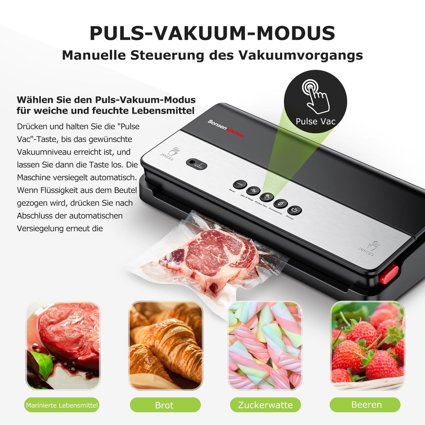 Bonsenkitchen vacuum sealer for dry and moist foods with built-in cutter, 1 roll of bags, 50 professional bags
