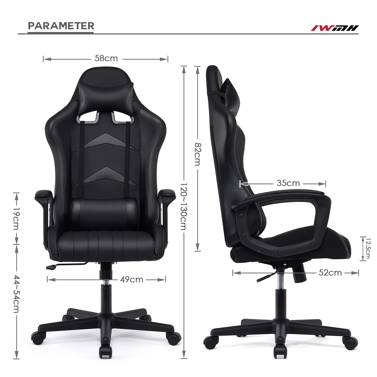 IntimaTe WM Heart Gaming Chair, Ergonomic Gamer Chair, Desk Chair with Adjustable Headrest and Lumbar Pillow, Computer Chair with High Backrest, 52 x 49 x 130cm (Black)