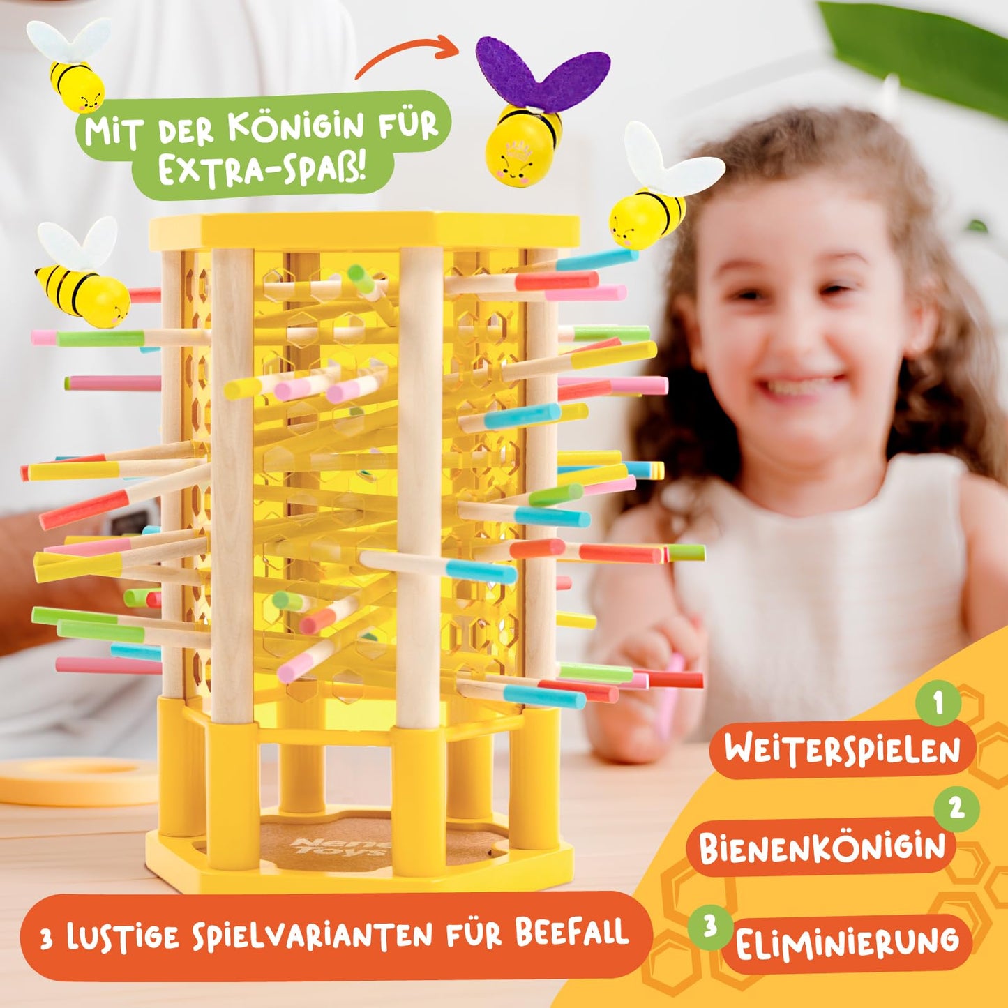 Nene Toys BEEFALL Large, 4-in-1 educational game with bees, Montessori toy for ages 3 and up featuring colorful sticks, dice, and cards - Wooden game for boys & girls 3-9 years - Educational family game