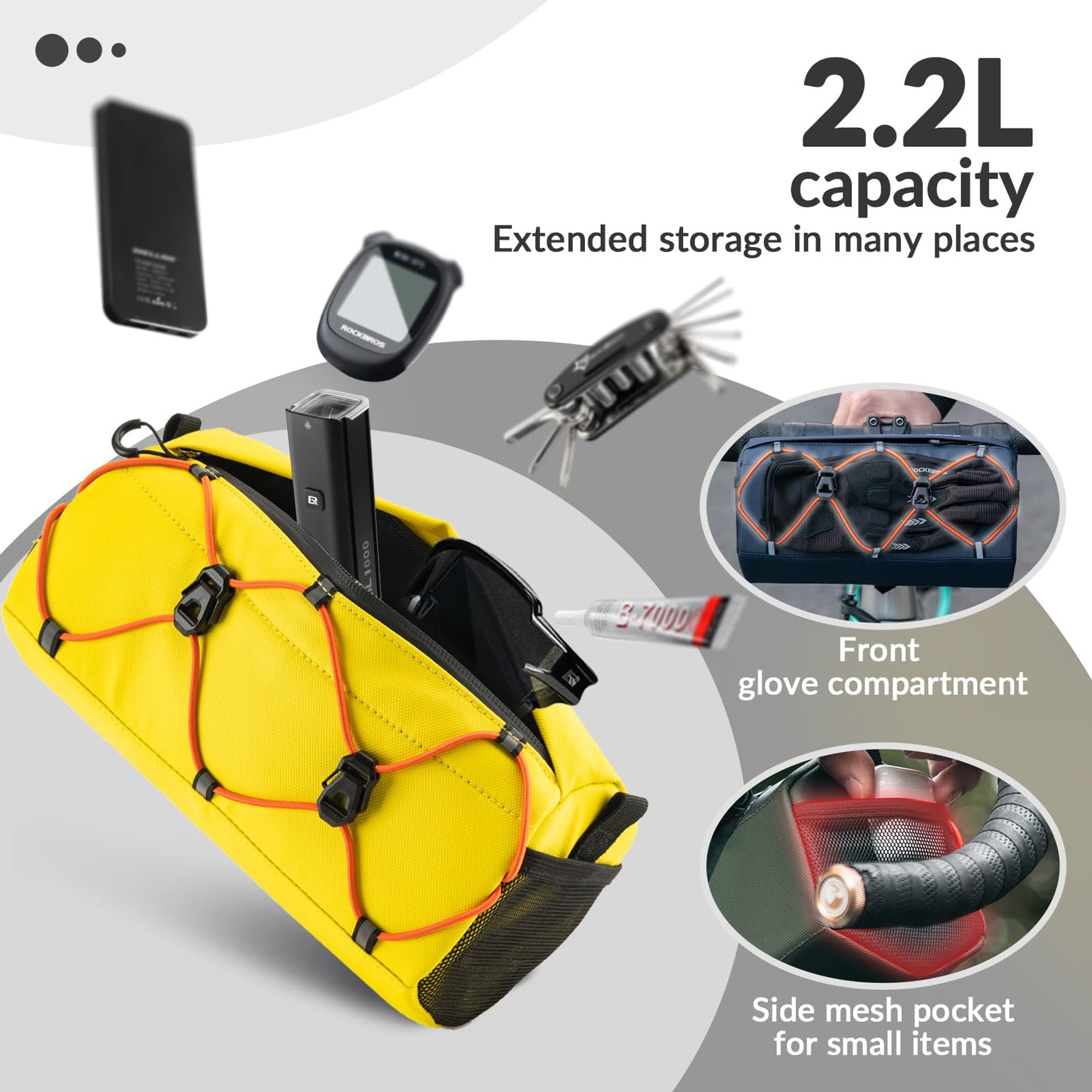 ROCKBROS handlebar bag for bike, front handlebar bag 2.2L with shoulder strap, water-resistant & reflective, suitable for MTB, road bike, gravel, E-Bike, and city bike, yellow.