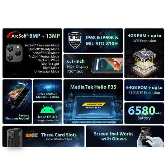 Blackview outdoor phone without contract BV5300 PRO, ArcSoft® 13MP+8MP, 7GB+64GB (1TB expandable), 3 card slots, Android 12 DUAL SIM IP68 waterproof smartphone, 6.1'' HD+, 6580mAh battery, Green