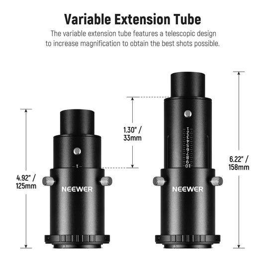 NEEWER Variable 1.25" Telescope Camera Adapter and 1.25" Extension Tube Set, compatible with Nikon DSLR cameras and telescope eyepiece for prime focus and eyepiece projection astrophotography.