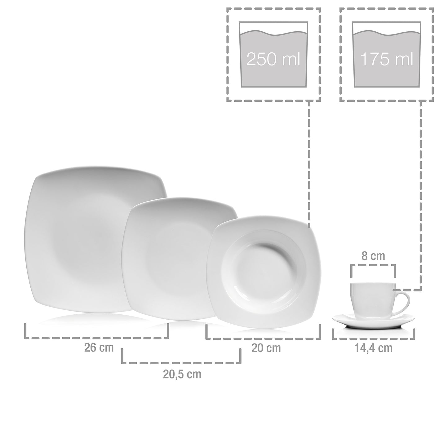 SINGER | 30-piece dinner set, porcelain tableware for 6 people, dishwasher-safe plates set, dining set with dinner plates & coffee service, square white tableware | PREMIUM COLLECTION
