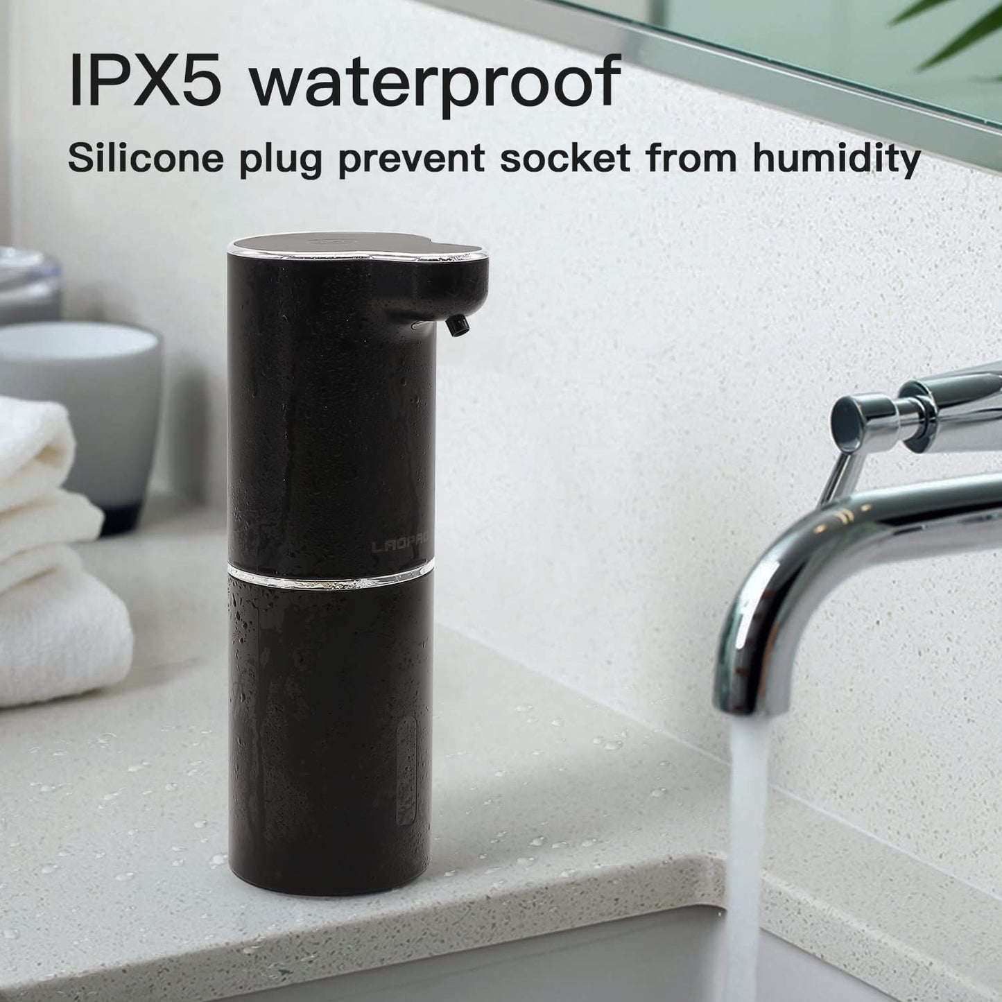 Automatic foam wall-mounted soap dispenser with sensor - LAOPAO Electric soap dispenser with induction infrared set and USB charging IPX5 waterproof, motion sensor for kitchen & bathroom (Black)