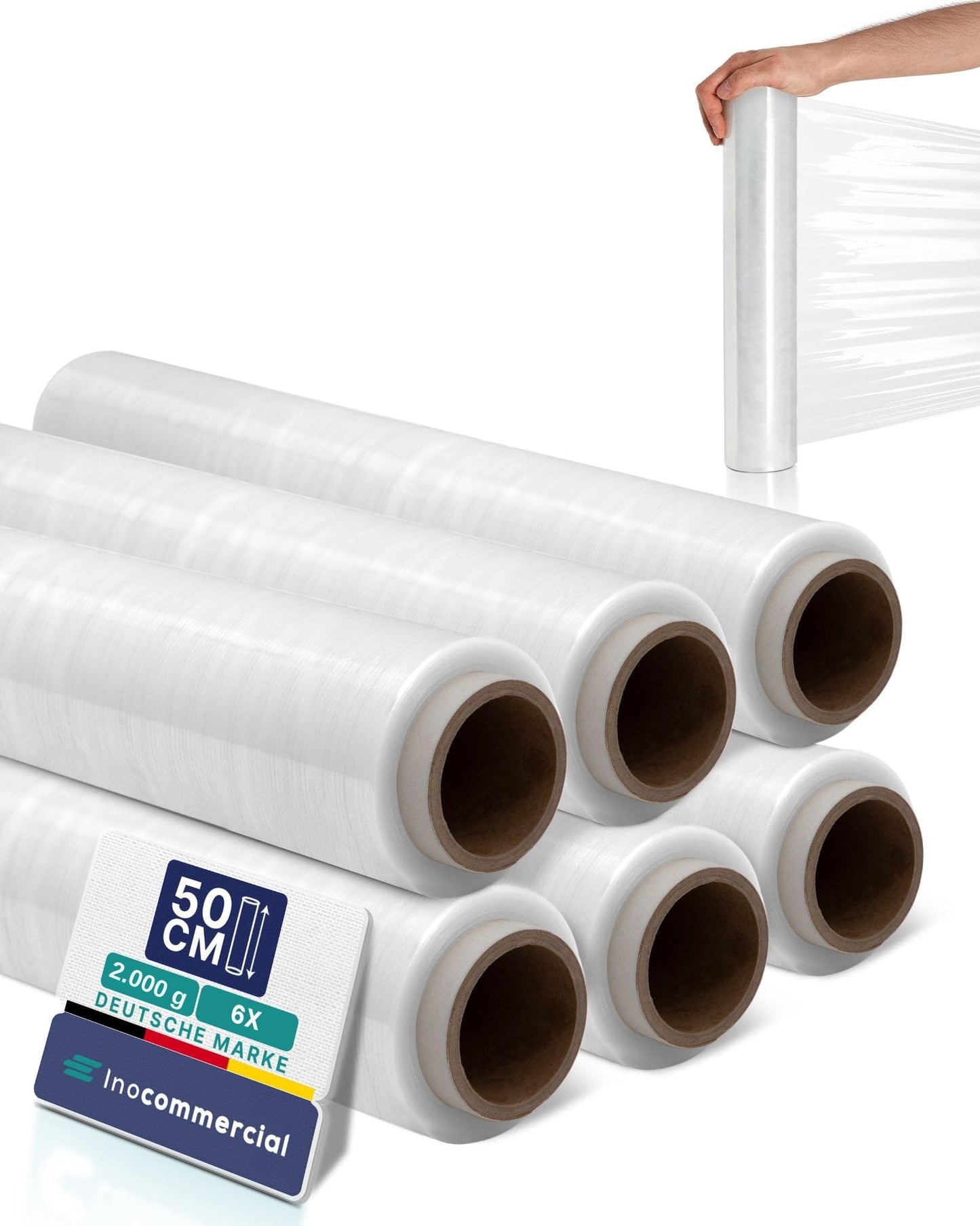 Inoverse 6 Rolls Stretch Film Transparent Wrap Film 50cm/300m - 2kg, Film for Furniture & Moving, Pallet Wrap, Hand Stretch Film, Packaging Film on Roll, Stretch Film Roll