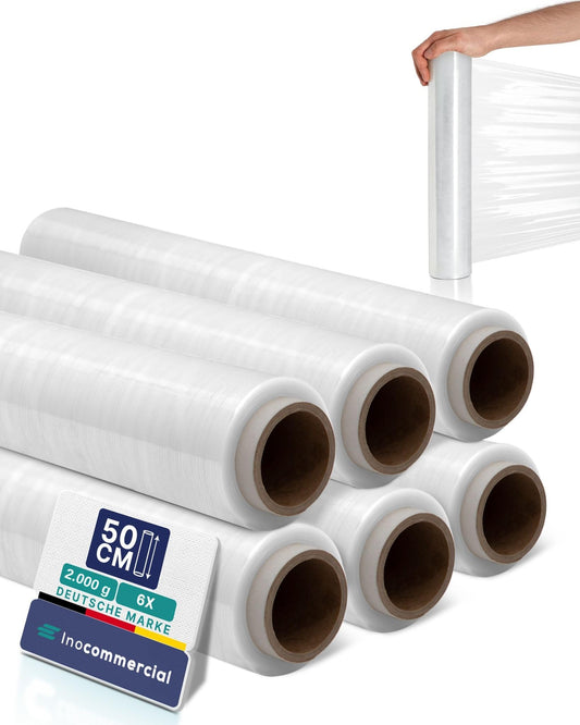 Inoverse 6 Rolls Stretch Film Transparent Wrap Film 50cm/300m - 2kg, Film for Furniture & Moving, Pallet Wrap, Hand Stretch Film, Packaging Film on Roll, Stretch Film Roll