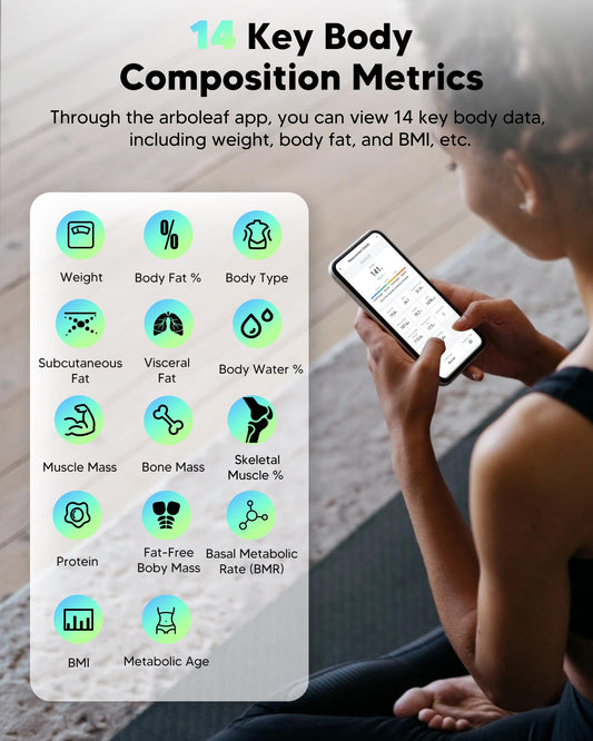 arboleaf Body Fat Scale Digital Bathroom Weight Scale with APP up to 180KG, Bluetooth Scale for Body Fat, BMI, Weight, Heart Rate, Muscle Mass, Water, Protein, Skeletal Muscle, BMR, etc.