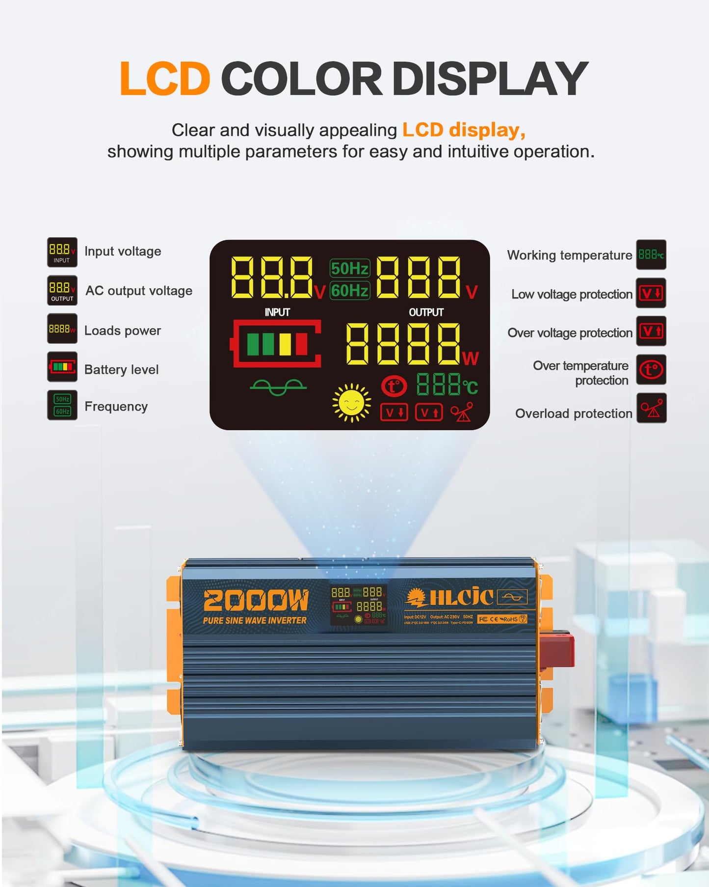 2000 Watt inverter 12V to 230V Pure sine wave power inverter with LCD display 1 Type-C PD60W 3 USB-A QC3.0 fast charging ports 2 EU outlets 2 remote controls for solar system camper truck car