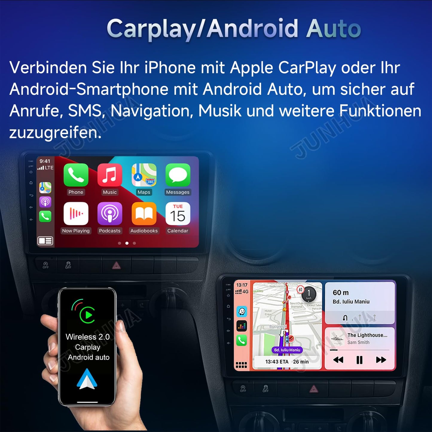 JUNHUA 10.1" Android 14 2GB+64GB car radio navigation system for Renault Master 2019-2023, Opel Movano B 2019-2021, Nissan NV400 2019-2023. Features 1280x800 IPS display, wireless Carplay, Android Auto, Bluetooth 5.1, and WiFi.