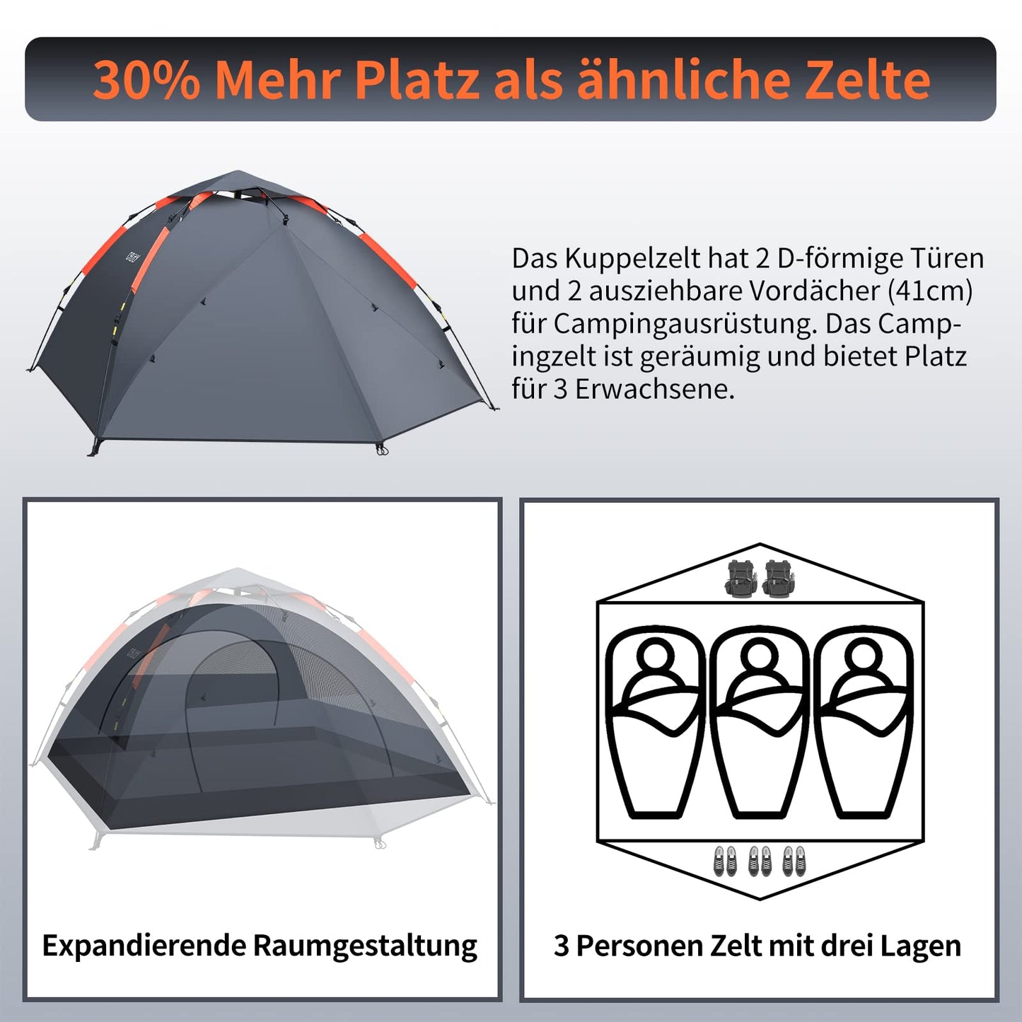 Cflity Camping Tent, 3 Person Instant Pop Up Waterproof Three Layer Automatic Dome Tent, Large 4 Season Tent with Rain-Fly 2 Expandable Porch
