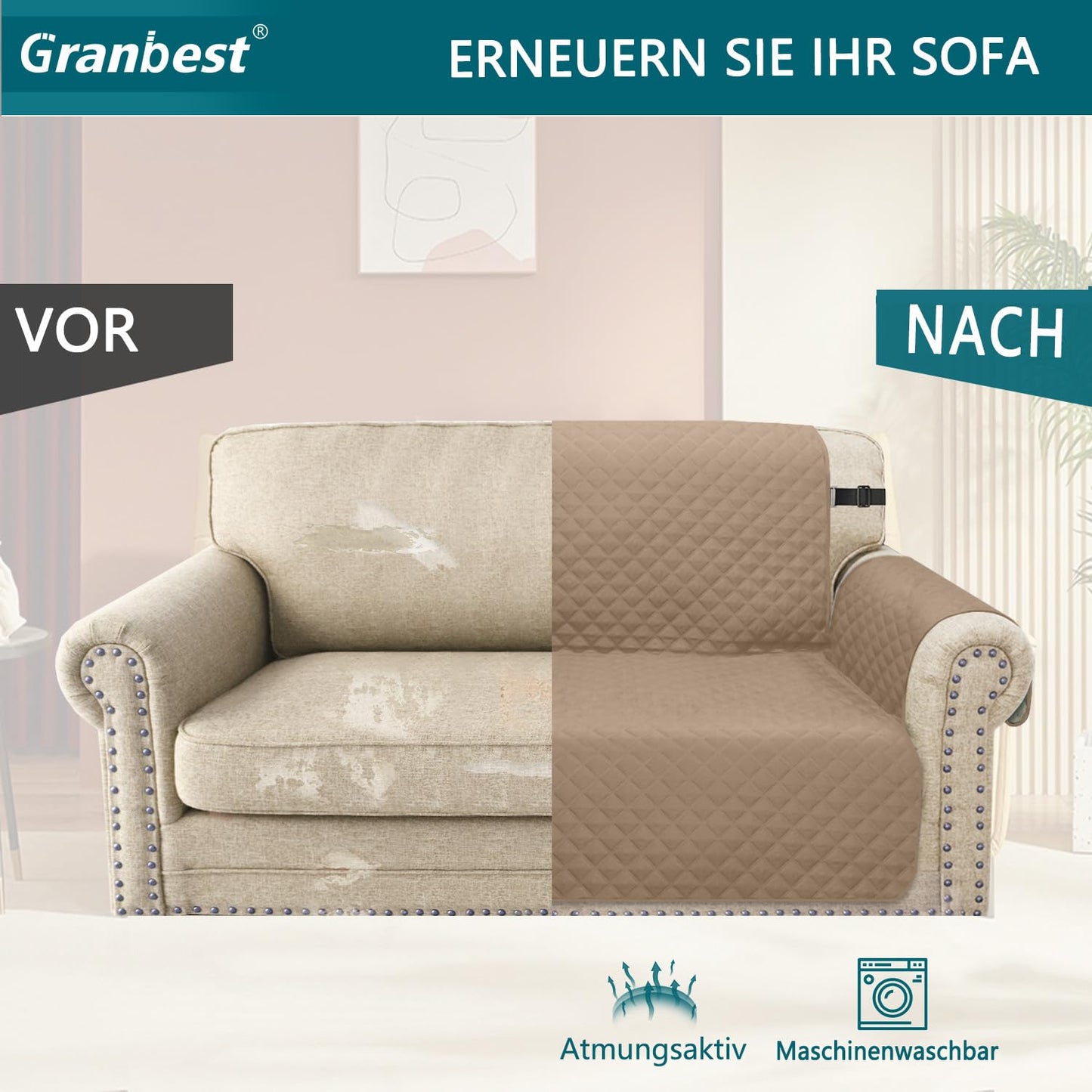 Granbest waterproof sofa cover 2 seater anti-slip couch cover with elastic straps, washable sofa protection for kids, pets, dogs, cats (2 seater, camel)
