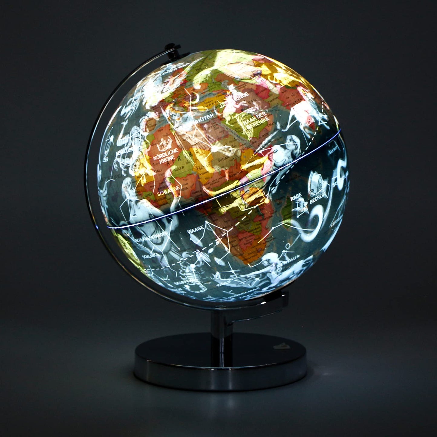 23cm illuminated globe with metal base - German map - student globe with cable-free LED lighting - political map (daytime) - constellation of stars (night)