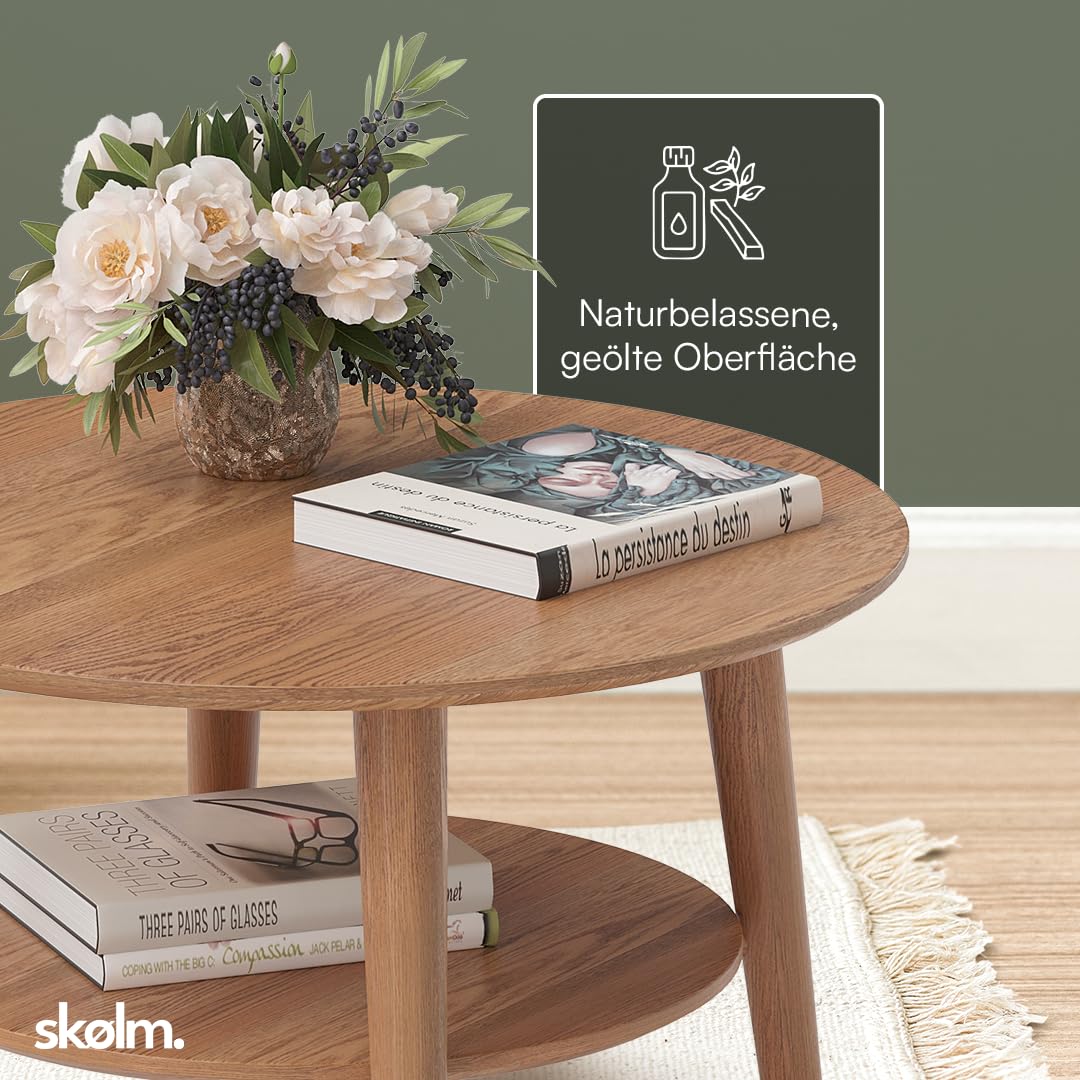 Skølm Mjölnir coffee table round - living room table wood - high-quality side table for living room - coffee table made of solid oak wood, dark oiled natural - sofa table with shelf - coffee table Ø70 cm.