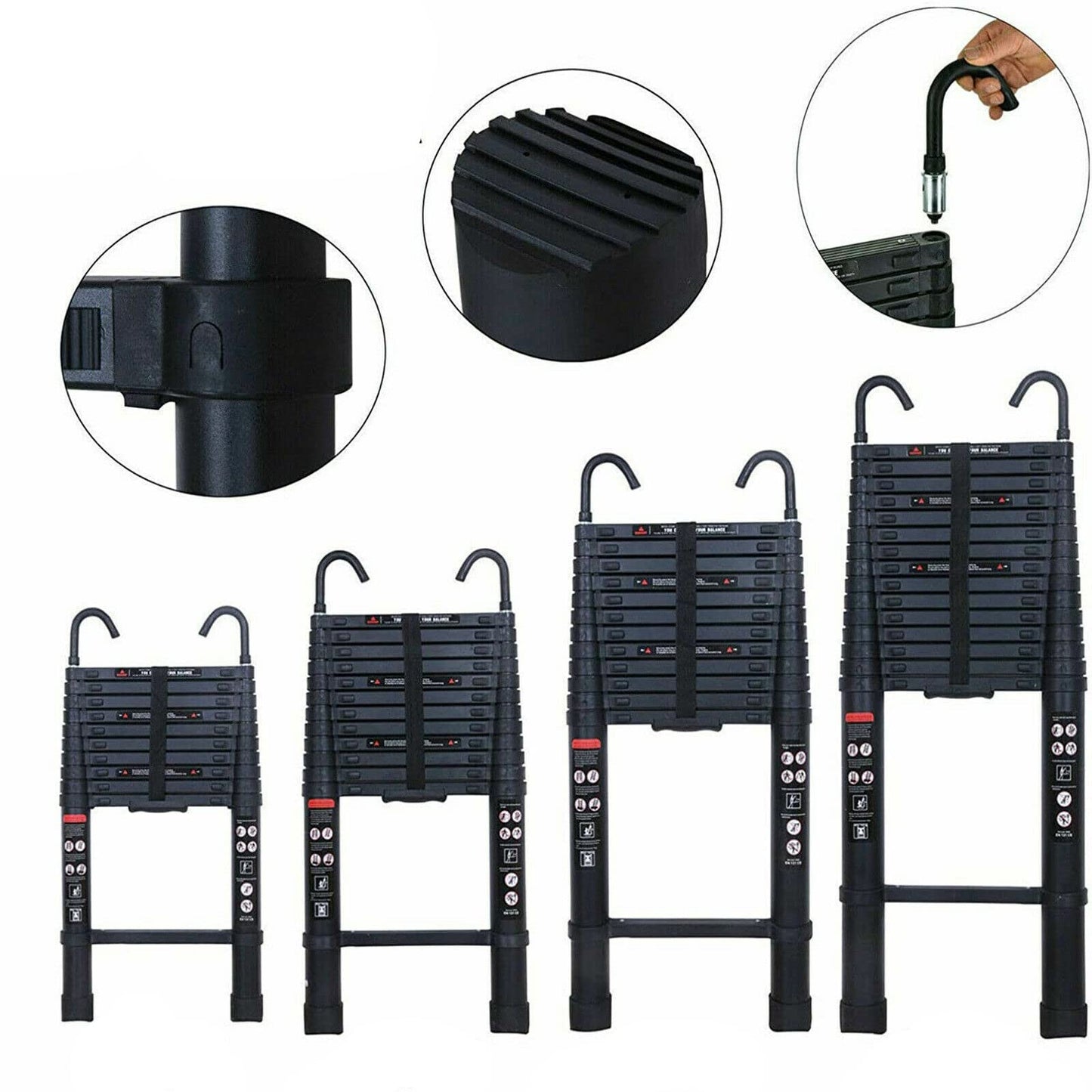 6.2m/20.34ft telescoping ladder with detachable roof hooks Multi-purpose folding black ladder, aluminum high telescoping ladder extension Foldable ladder, 330lb capacity, EN131 certified