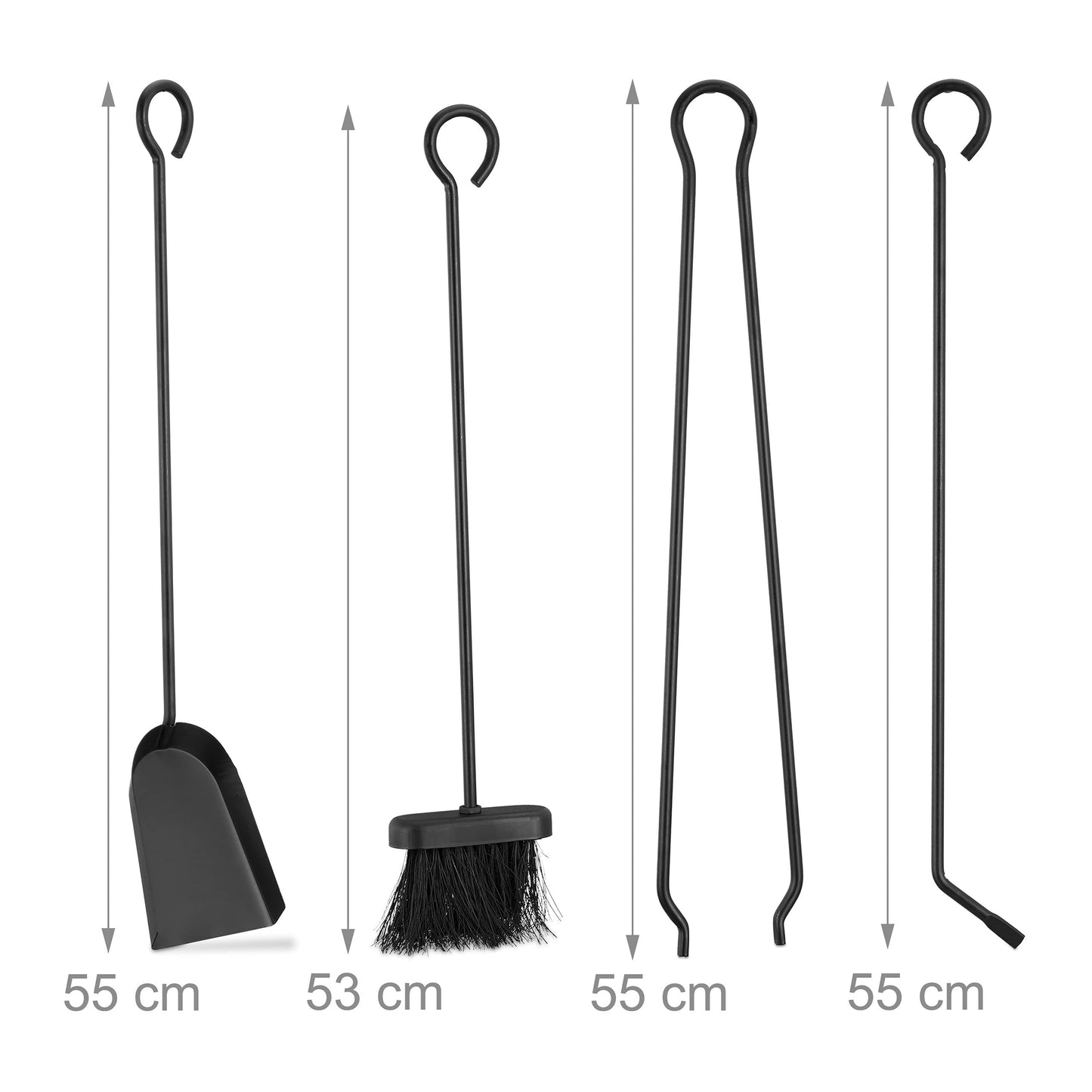 Relaxdays 5-piece fireplace tool set, fireplace accessory for hanging, with shovel, brush, poker, tongs, and holder, black, 68 x 20 x 20 cm.