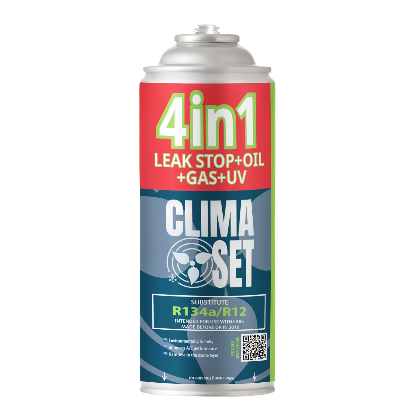 CLIMASET - refrigerant replacement gas R134a, refrigerant exchanger 4in1, coolant car air conditioning, refilling car air conditioning system - sealant, UV dye, refrigerant - with cable, adapter and UV lamp.