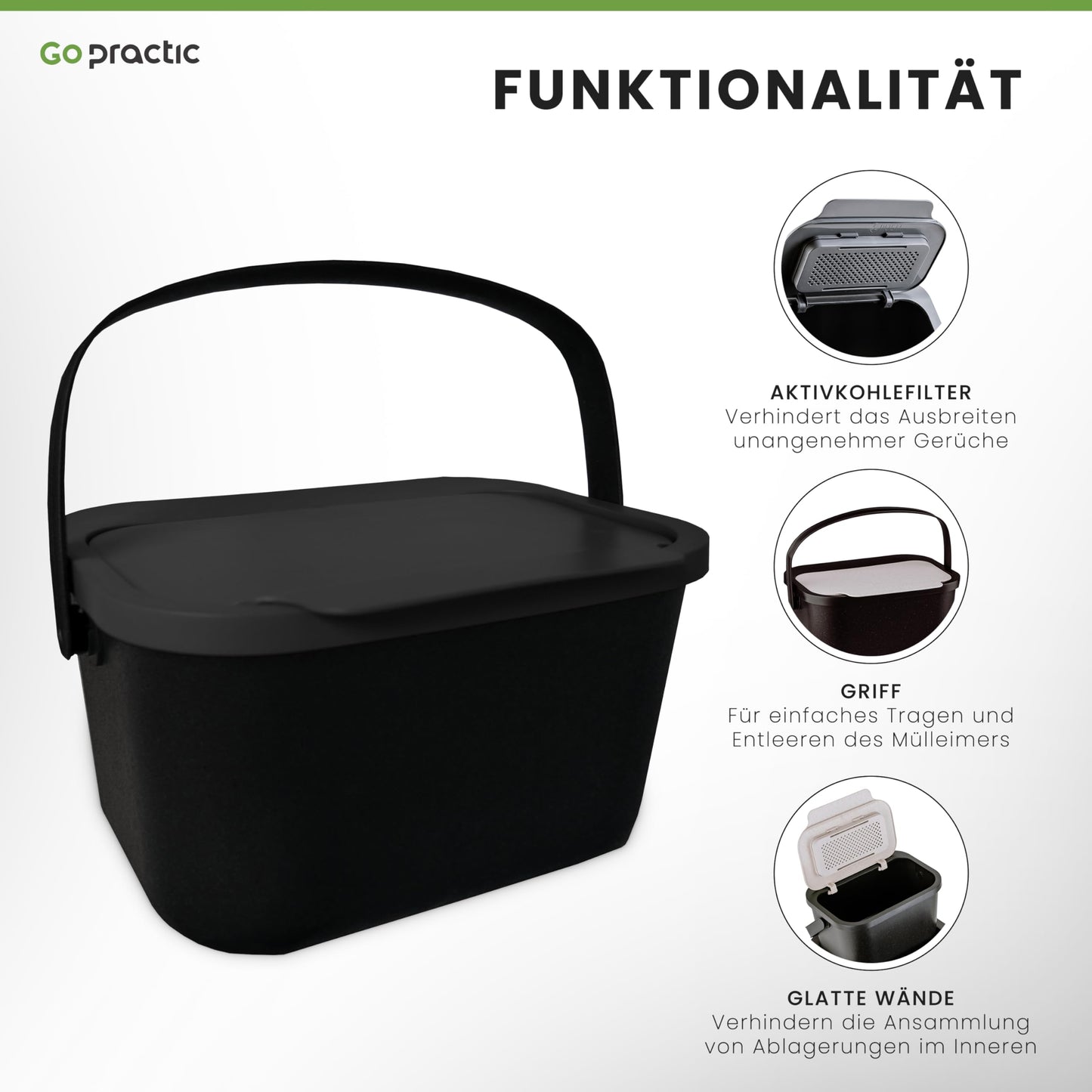Practice with Go Green 4.5L Kitchen Compost Bin, with lid, ideal for separating organic waste like fruits and vegetables, with click function for easy use in waste separation.