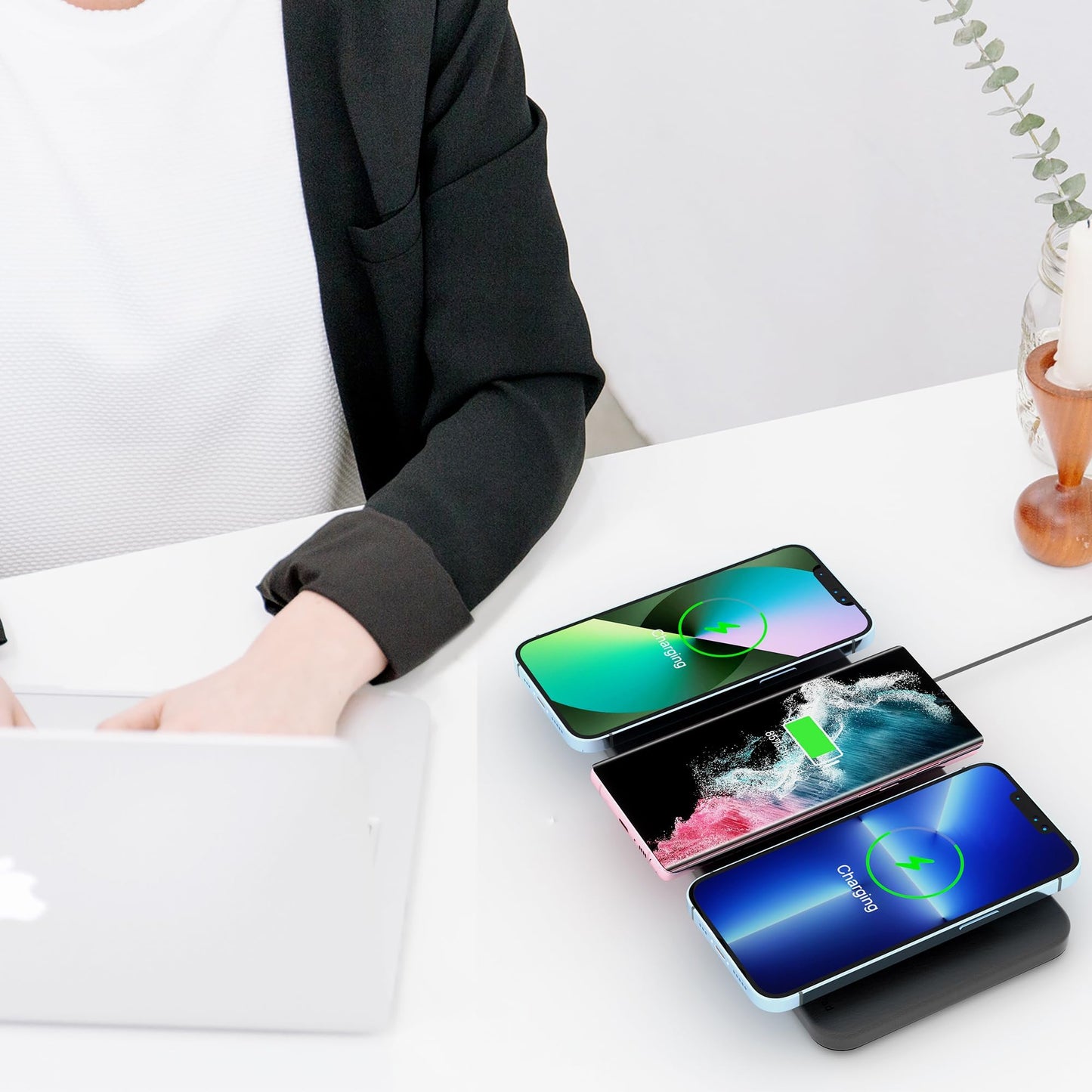 3-in-1 Wireless Charger Pad, 15W Max Inductive Charging Station for Apple iPhone 16/15/14/13/12/Pro/Max Qi Triple Wireless Charger for AirPods, Black (With Adapter)
