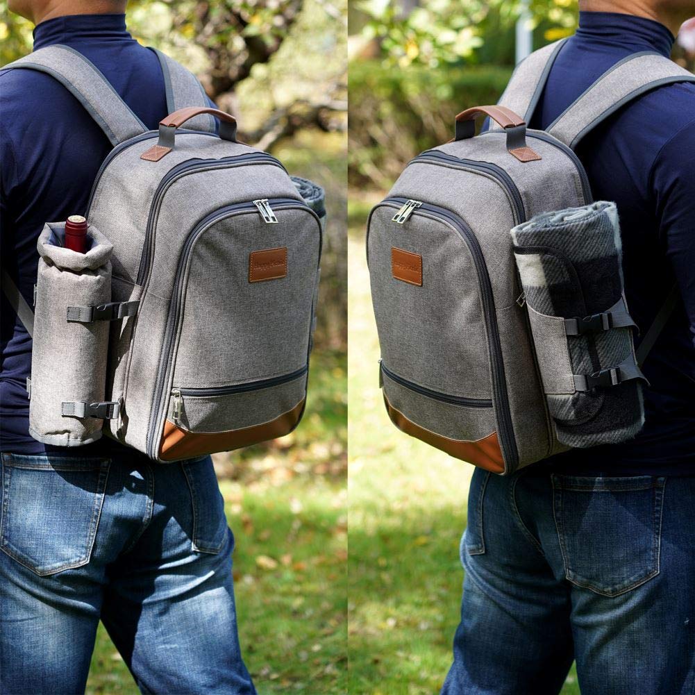 HappyPicnic Insulated picnic backpack for 4 people with complete tableware, spacious cooler compartment, bottle holders, and large waterproof picnic blanket.