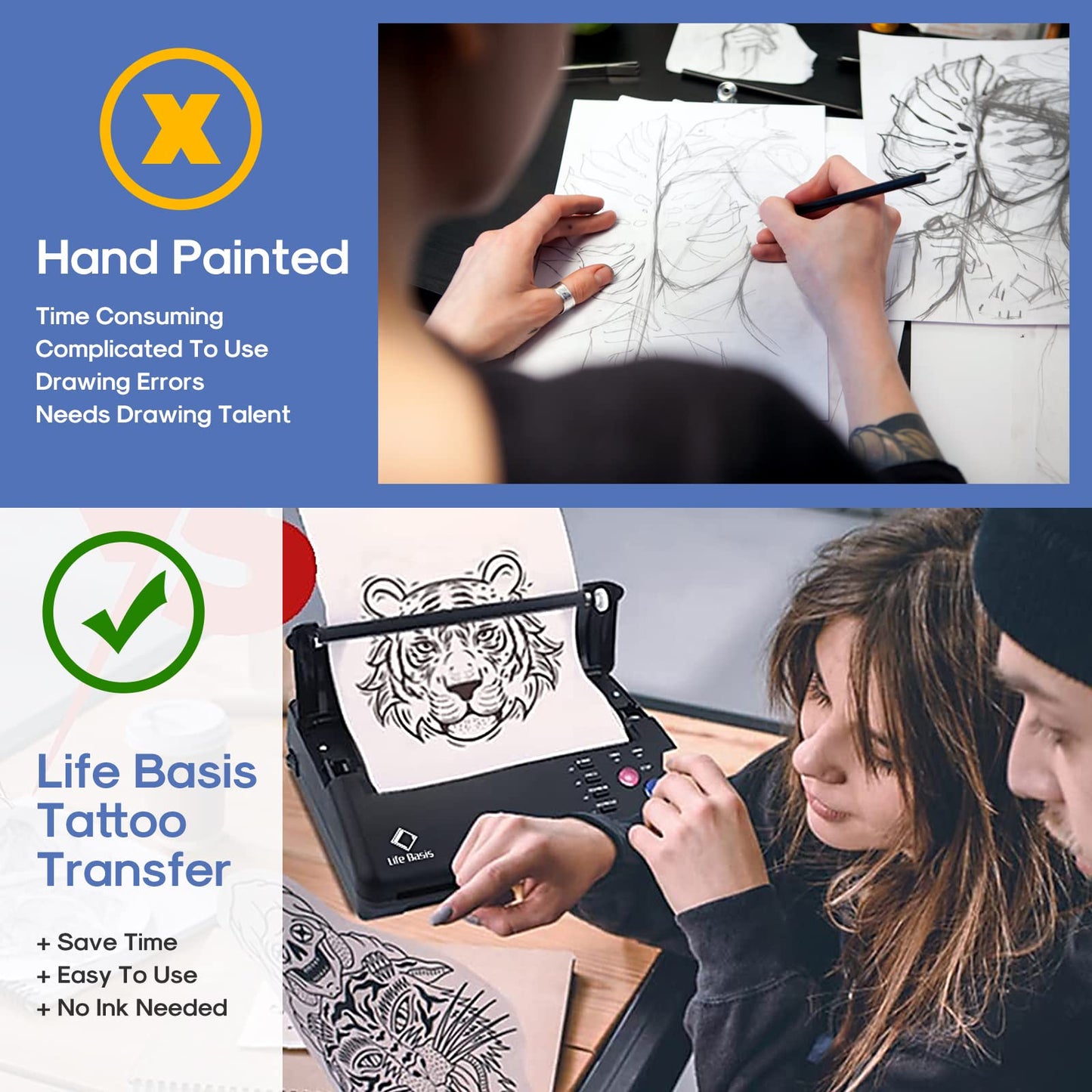 LifeBasis Tattoo Machine Set Thermal Stencil Tattoo Transfer Paper Transfer Machine Thermo Printer Copier Thermal Printer for Temporary Tattoos Tattooing Black MULTI WAY
