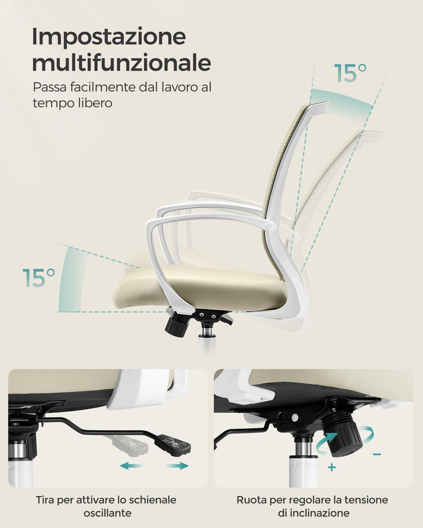 SONGMICS office chair with mesh backrest, adjustable height, swivel function, breathable fabric, suitable for office and home office, supports up to 120 kg, in cappuccino beige color OBN022K01
