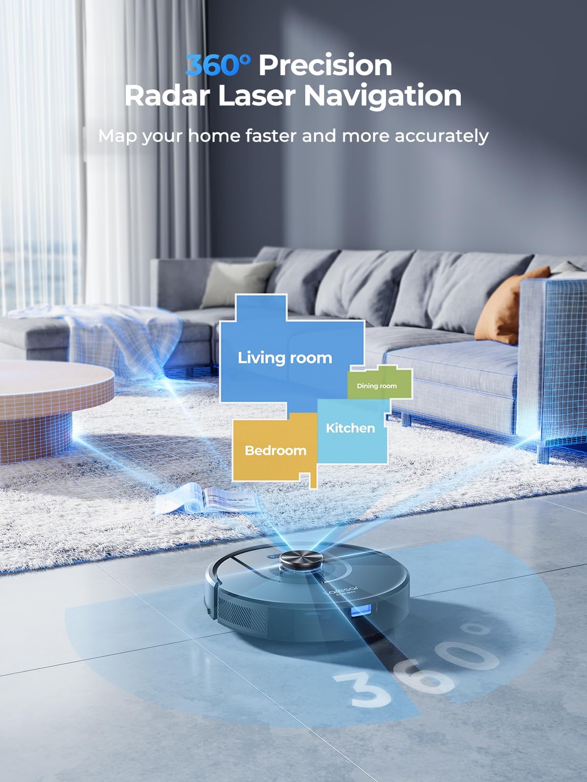 Laresar Clean robot vacuum with mopping function, LiDAR navigation, live map, 5000Pa suction power Mars01 up to 180min, perfect for pet hair, carpet, hard floors.