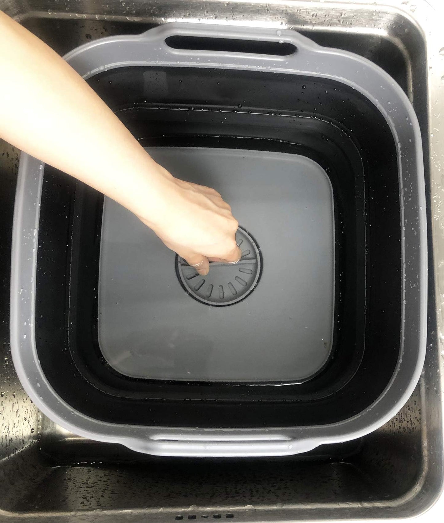 SAMMART TPE and Polypropylene, 10 liters collapsible wash basin with drain plug - Portable dishwashing tub - Space-saving kitchen storage compartment (Gray/Black, 1)