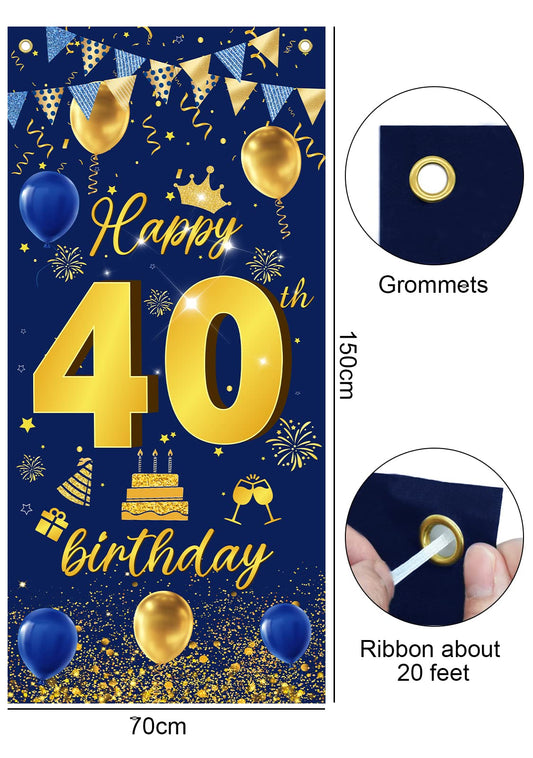 40th Birthday Decorations Banner & Garland - Blue-Gold, Balloons & Confetti
