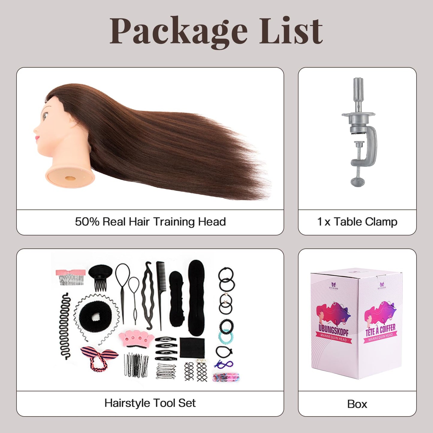 Neverland Practice Head Mannequin Head 22 inches 50% Real Hair Cosmetology Mannequin Head Practice for Hairdressers Cutting & Styling with Clamp + DIY Braid Set
