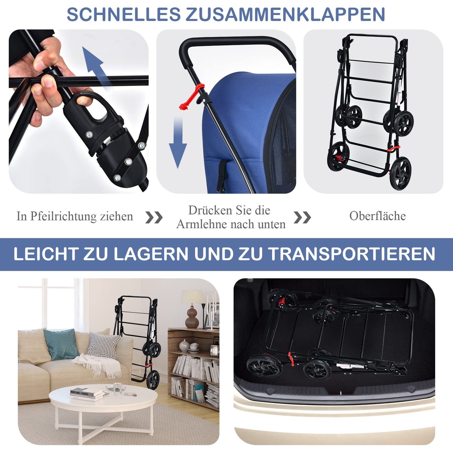 COSTWAY 2-Tier Dog Stroller Pets Stroller up to 16kg, Dog Stroller with Mesh Windows & Cup Holder & Trailer, Cat Stroller for 2 Small Dogs Cats (Blue)