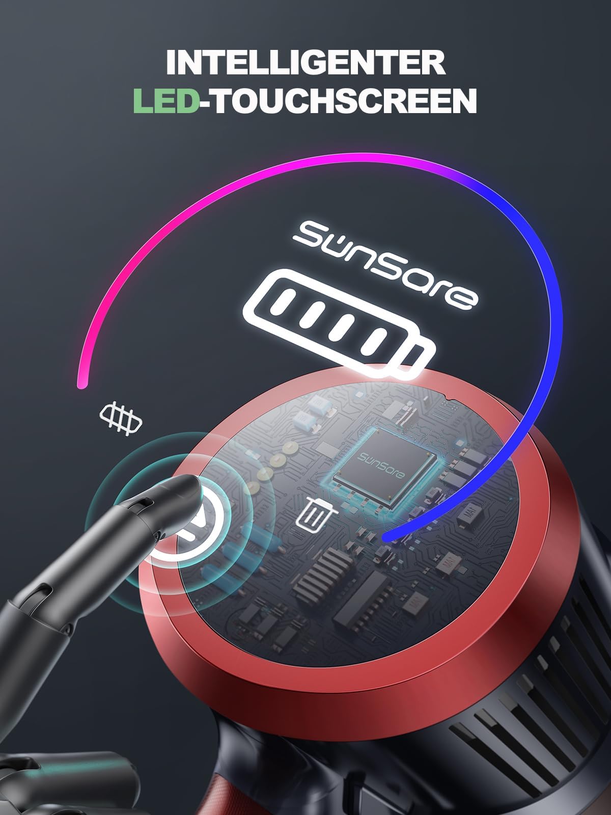 SunSare Cordless Vacuum Cleaner 450W/40000Pa, cordless vacuum with LED display Lightweight Anti-winding, powerful cordless vacuum for floors/carpets/pet hair