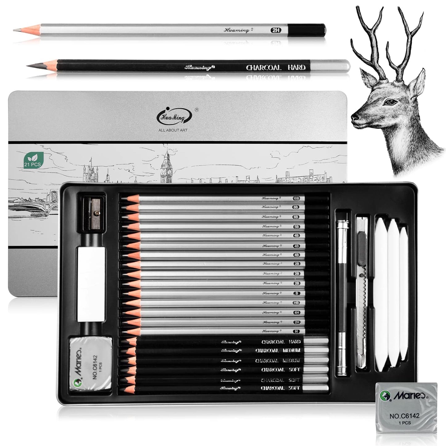 Surcotto Pencil Set, 21 pencils with 1 sharpener, 2 erasers, 1 extender, 3 paper stumps. Professional drawing set for beginners, metal case, range from 10B to 4H, total of 30 pieces.