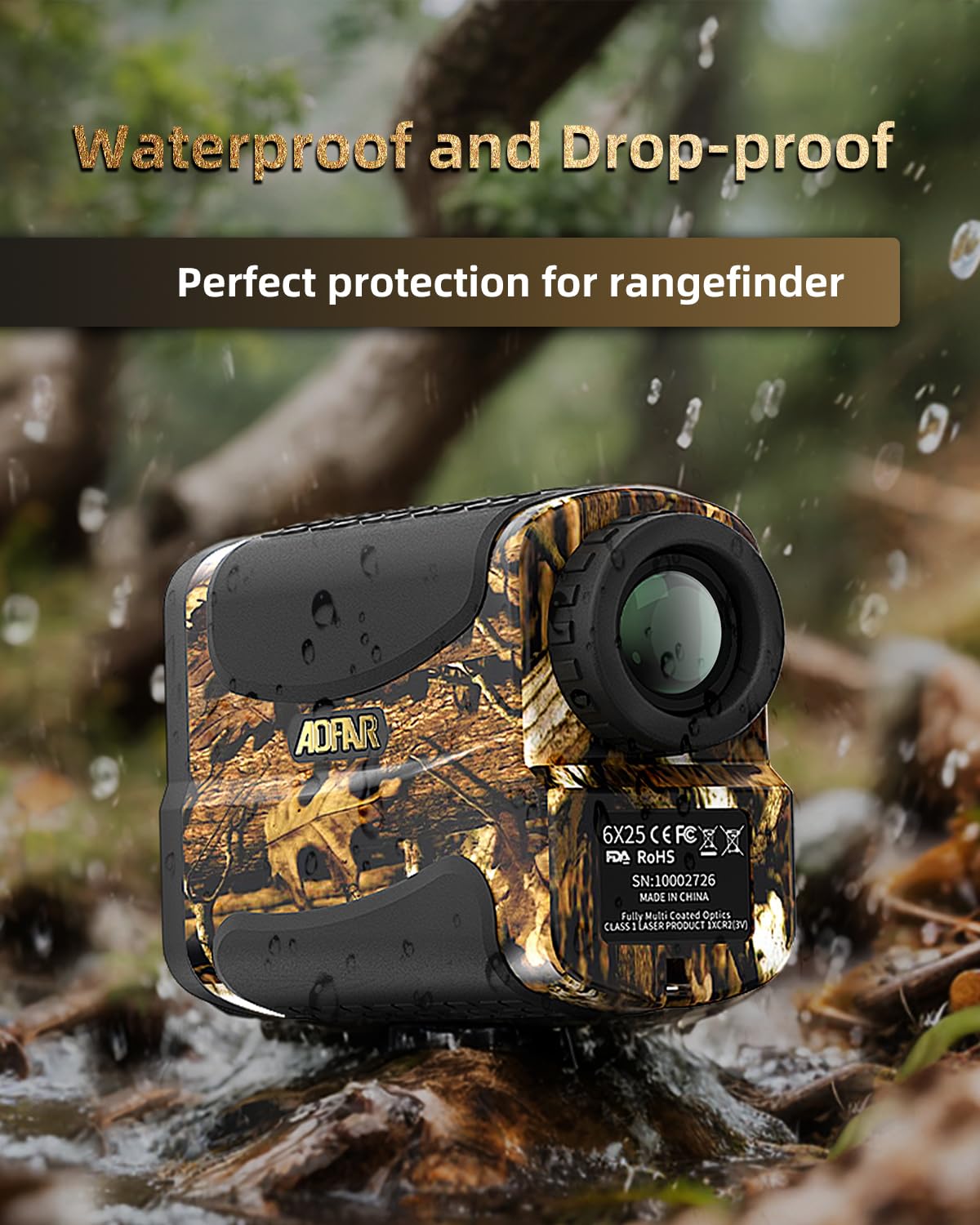 AOFAR HX-700N Laser Rangefinder for hunting & golf, 700 yards range, 6X magnification, distance & speed modes, IPX4 waterproof, includes battery & carrying case.