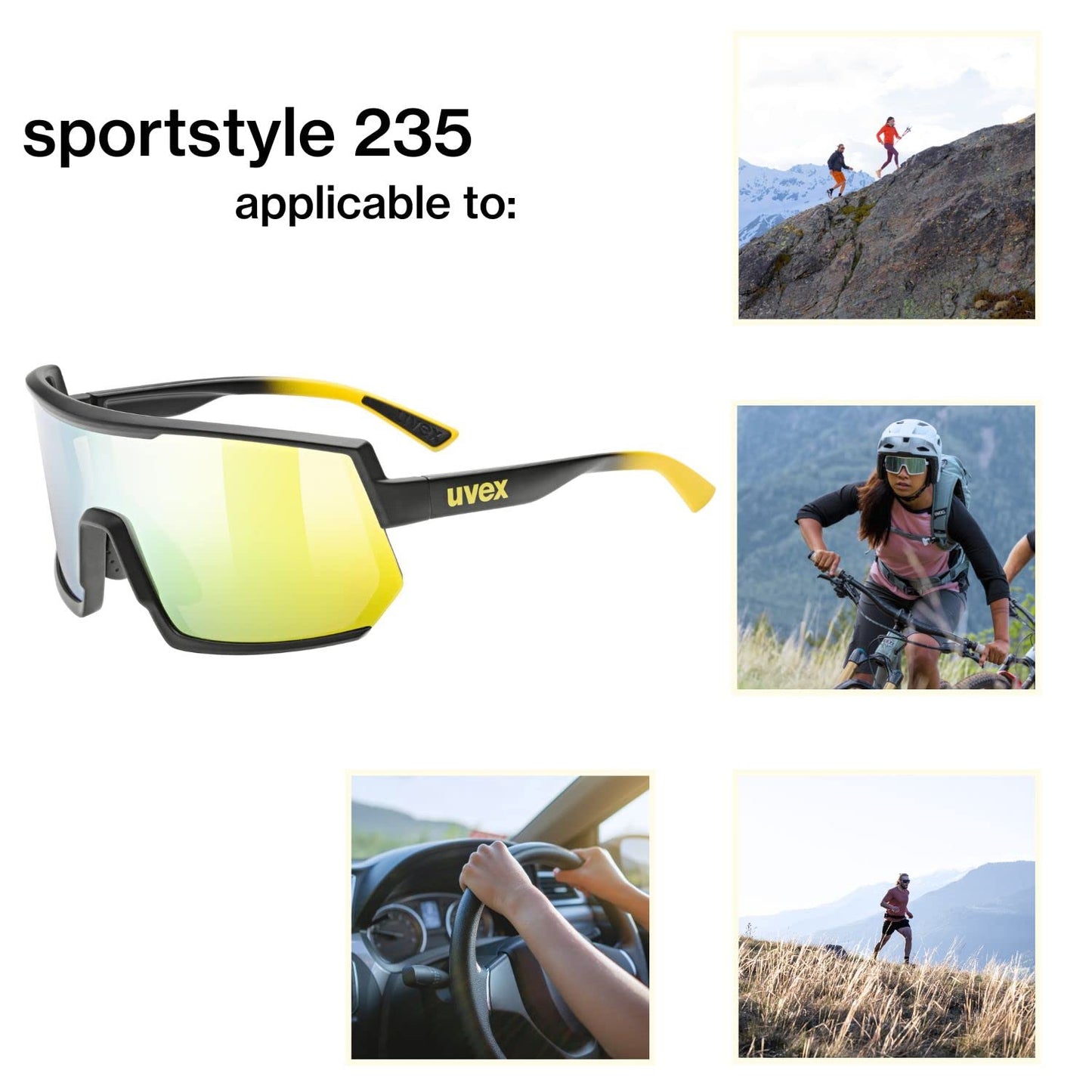 Uvex sportstyle 235 - sports glasses for women and men - 100% UVA, B, C protection - pressure-free fit & perfect grip - sunbee-black matt/yellow - one size