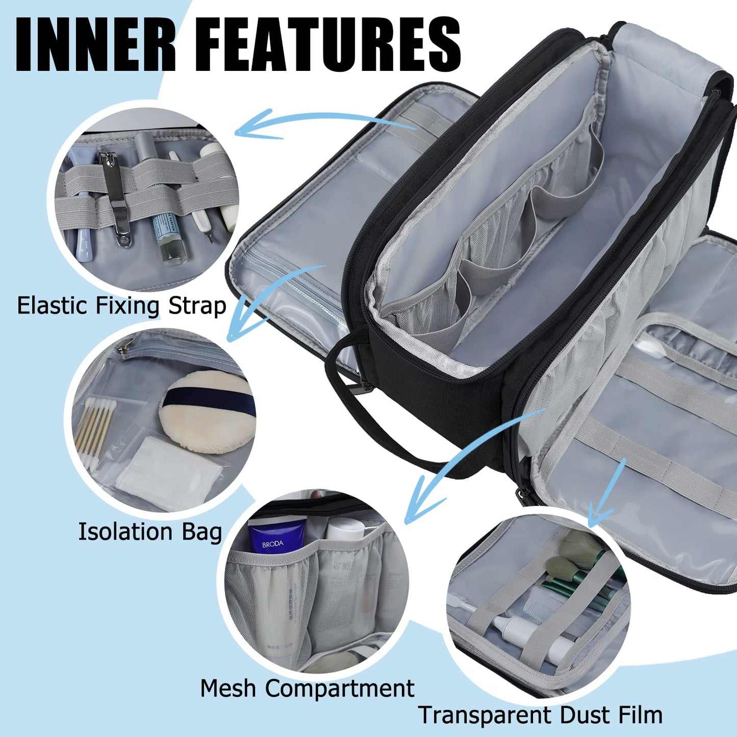 Gloppie toiletry bag for men and women. Large 10L waterproof travel wash bag with wet/dry pouch. Ideal for kids, adults, in black.