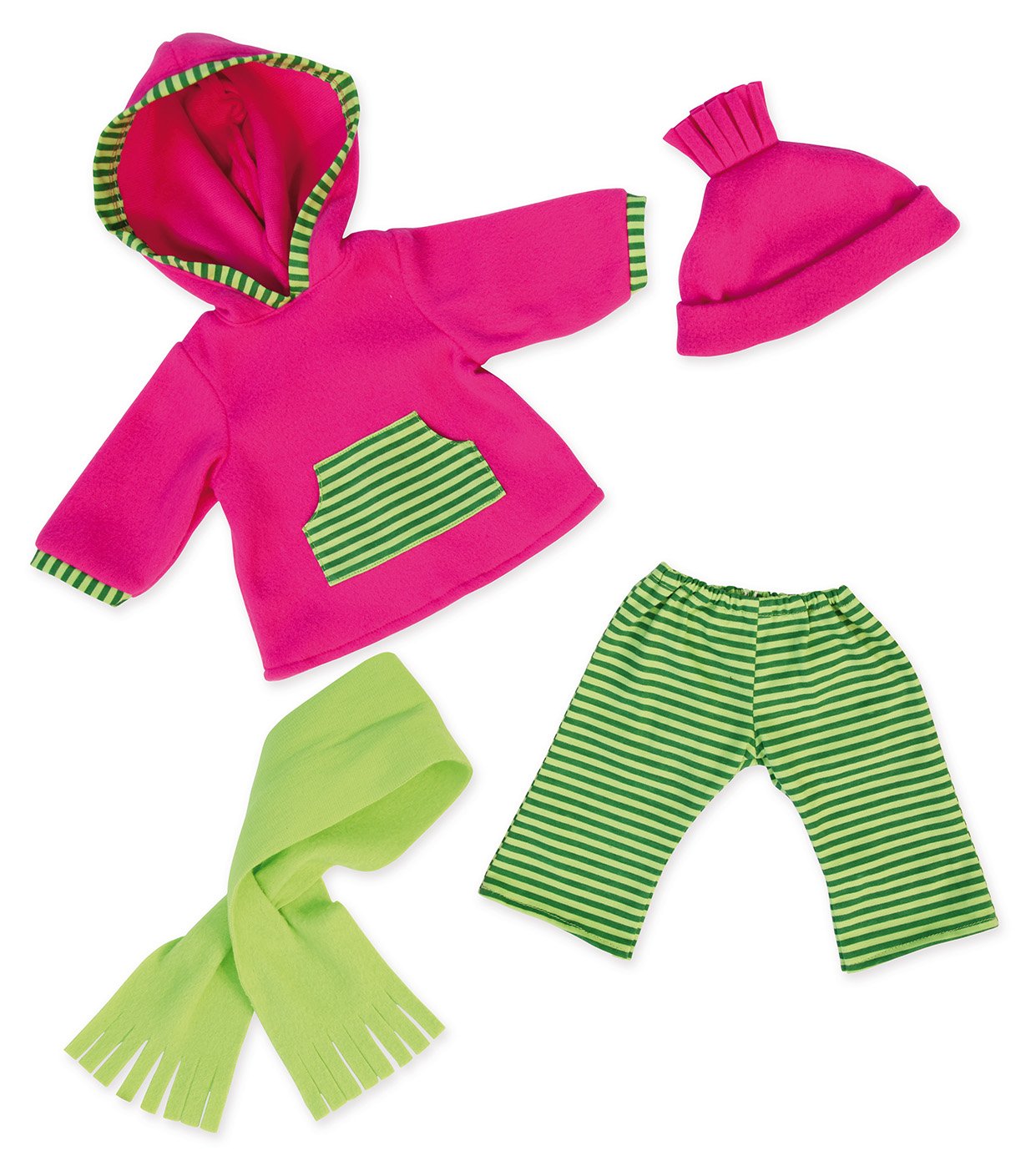 Bayer Design 94694AA, interactive doll Piccolina Magic Eyes, purple, 46cm & doll clothes for 40-46cm dolls, pants, top, hat, scarf, doll accessories, pink, green.
