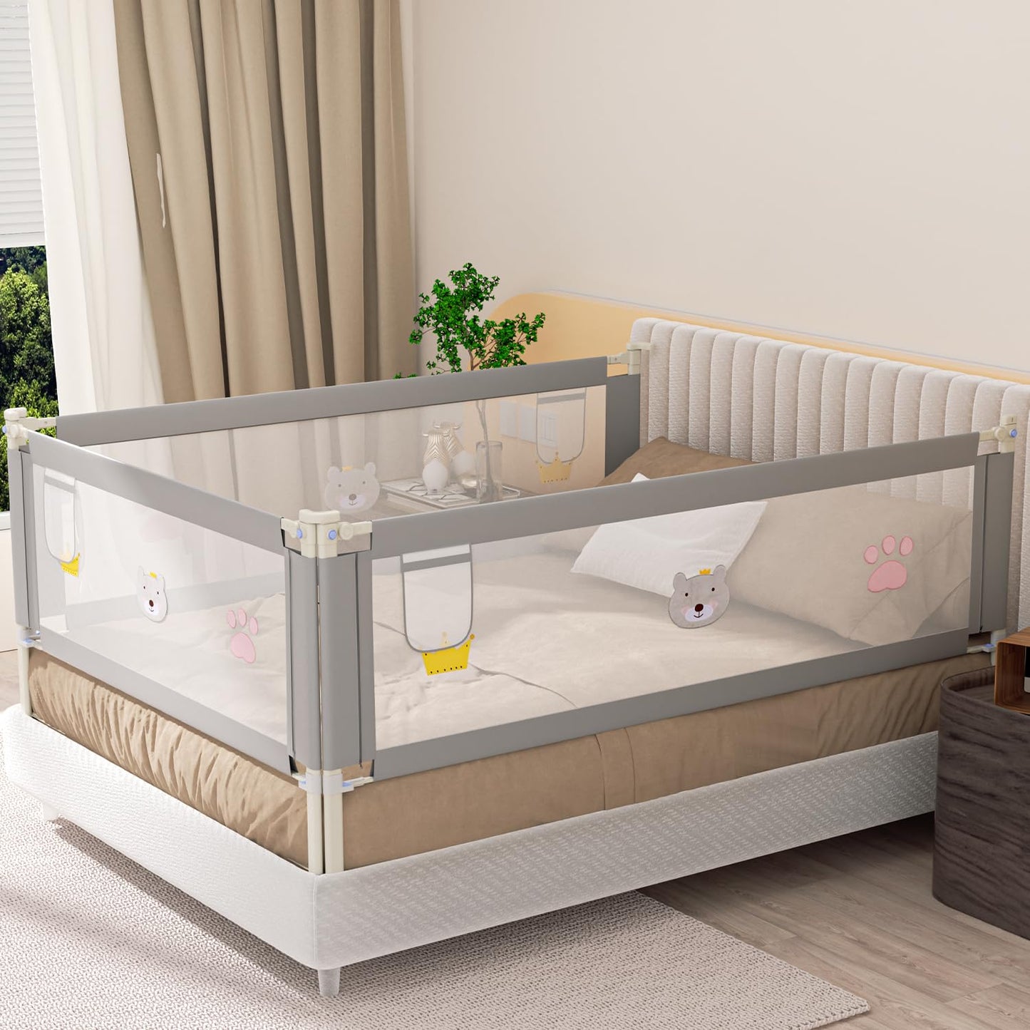 Ansobea 200cm bed rail | Bed guardrail for children | Folding toddler guardrail | Child bed guard for fall protection | Easy to install | Gray embroidered design