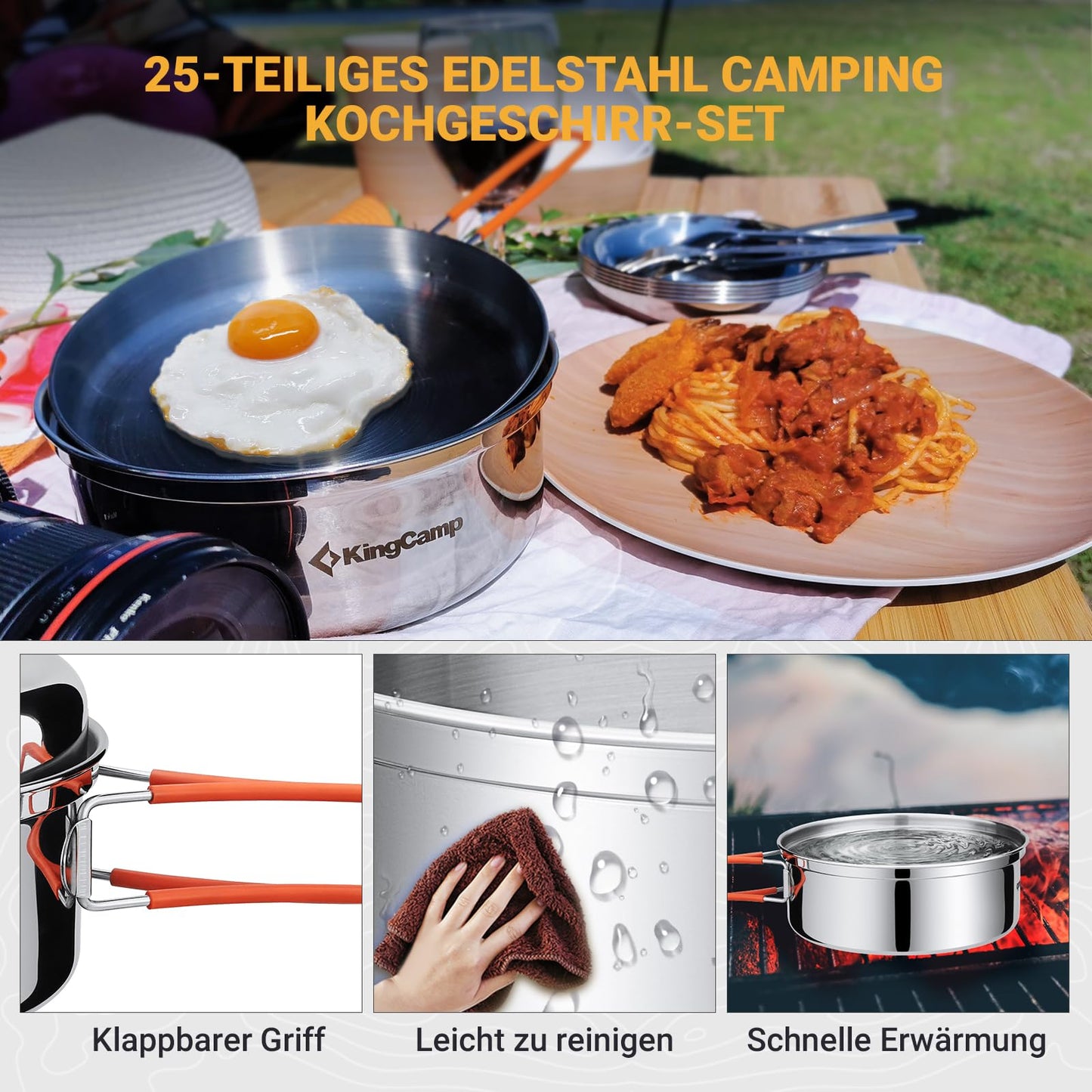 KingCamp Camping Cookware Set, Cookset Dishes Set, Stainless Steel Cooking Pot for 3-4 People, Outdoor Cooking, Picnic, Hiking.
