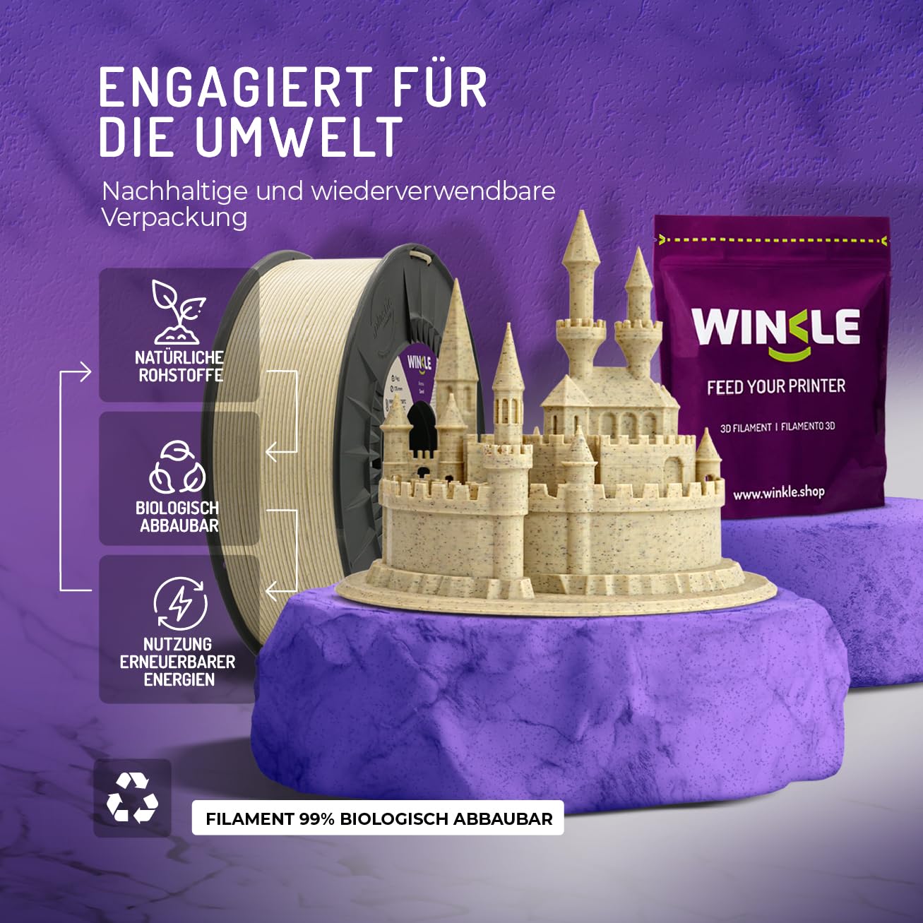 WINKLE PLA HD Textured Filament 1.75mm Marble, 1kg spool, compatible with FDM printers, 3D printing materials, dimensional accuracy +/- 0.05mm, easy to print.