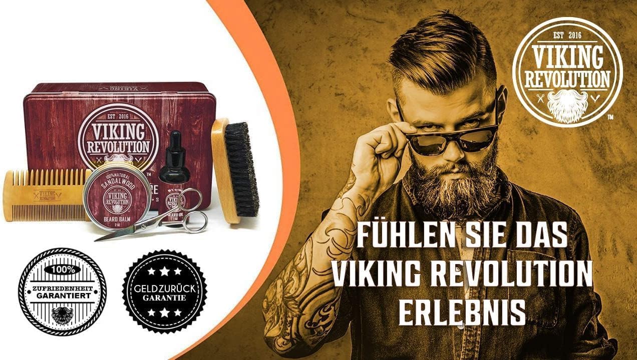 Viking Revolution Beard Care Kit for Men - Ultimate set with 100% boar bristle beard brush, wooden beard comb, beard balm, beard oil, mustache & beard scissors - Gifts For Men - Sandalwood