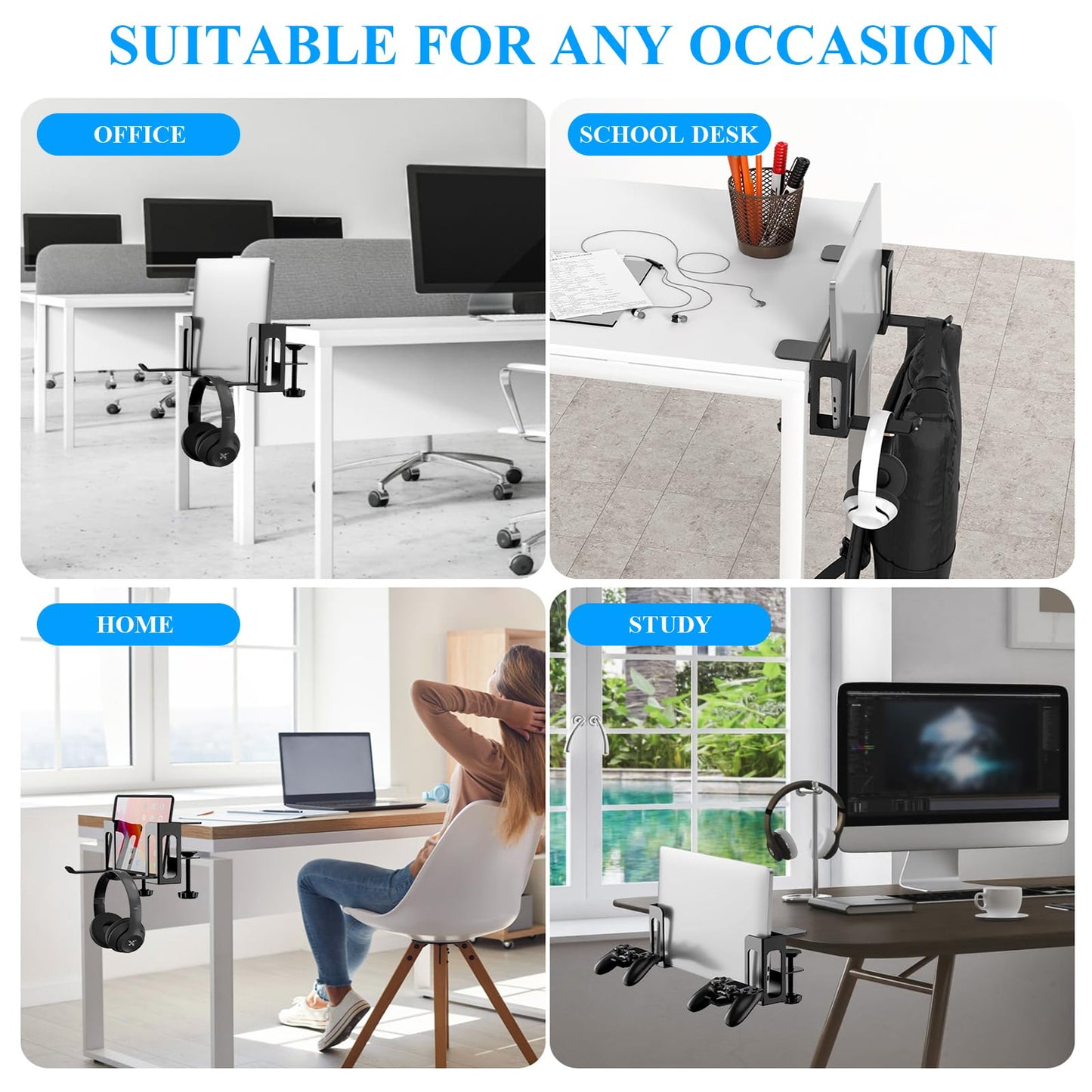 2 Side Hanging Laptop Organizers for Desk, Adjustable Desk Side Storage, Generic Office Desk Side Laptop Holder, Metal Laptop Stand without Drilling (Black)