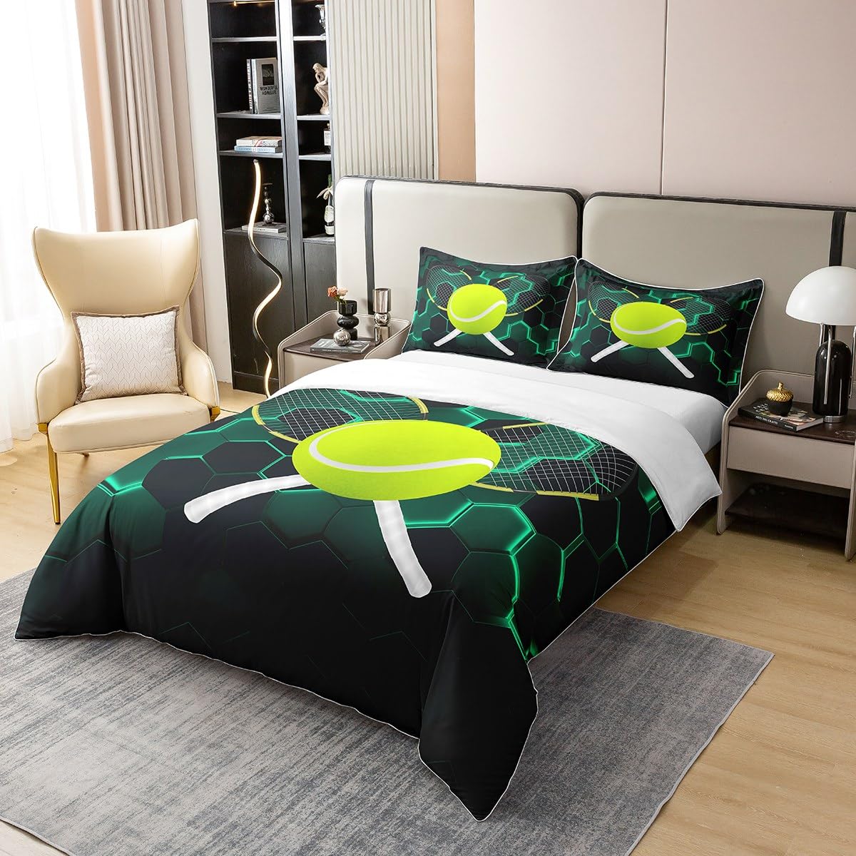 Richhome 135x200 duvet cover Tennis Sports 100% pure bedding set Tennis racket Green games bedding set Neon Honeycomb Hexagon comforter cover for room