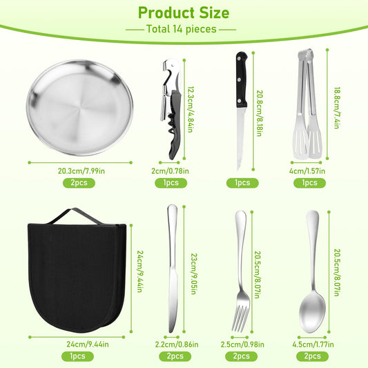 Camping tableware set for 2 people, 14 pieces, picnic set, stainless steel outdoor tableware for camping, picnicking, grilling, and hiking.