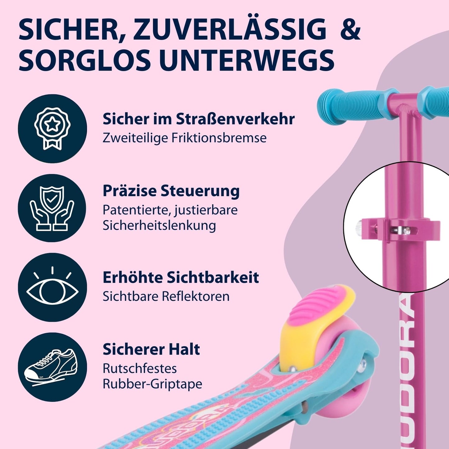 HUDORA Scooter Flitzkids 2.0 I Sturdy kids scooter with large footplate I Height-adjustable & portable mini three-wheel scooter for up to 50kg I Three-wheel scooter made of aluminum for children.