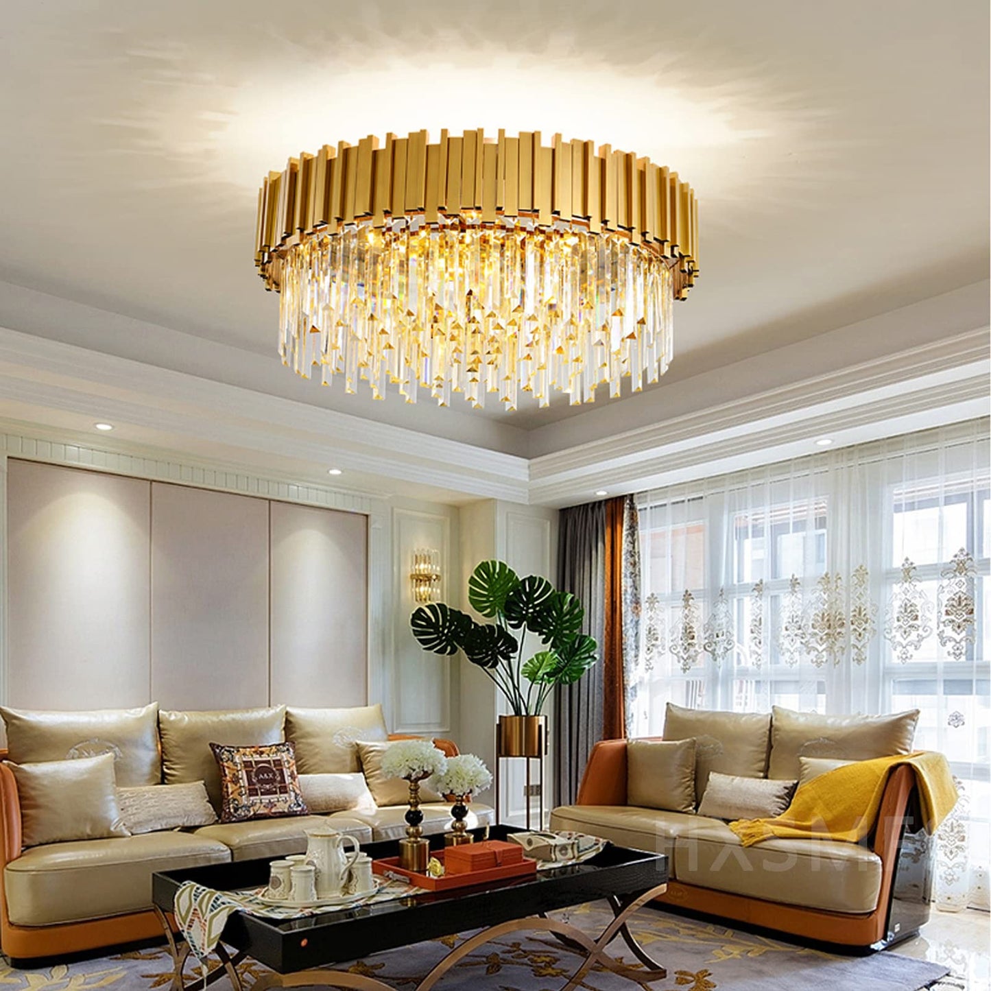 AHXIAOZN Modern Crystal Chandelier, Crystal Ceiling Light Gold, 9xE14 Lights for Dining Room, Kitchen, Living Room, Bedroom, Hallway, Café, Bar