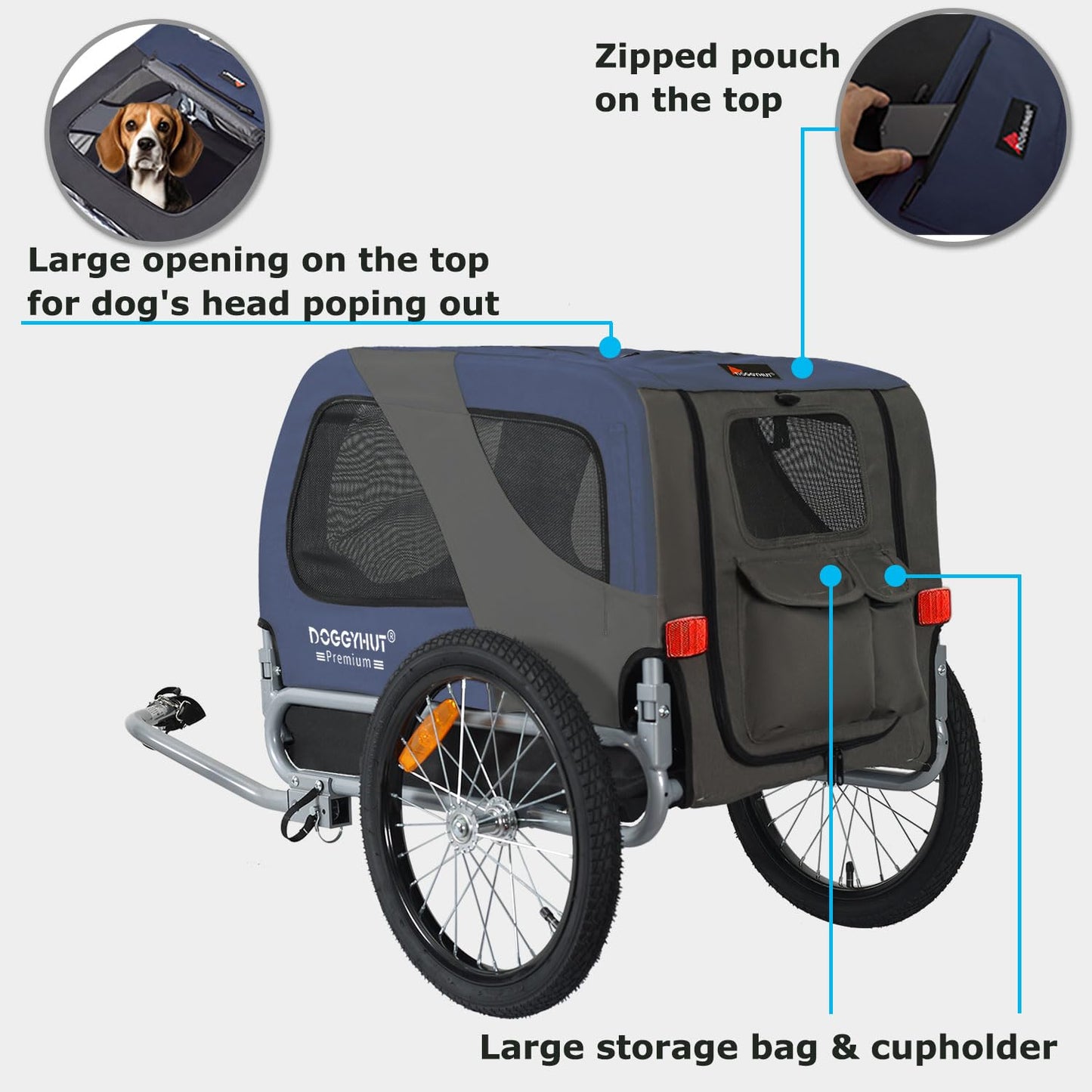 DOGGYHUT® MEDIUM Bicycle Dog Trailer for dogs up to 23 kg Foldable bike trailer (BLUE)